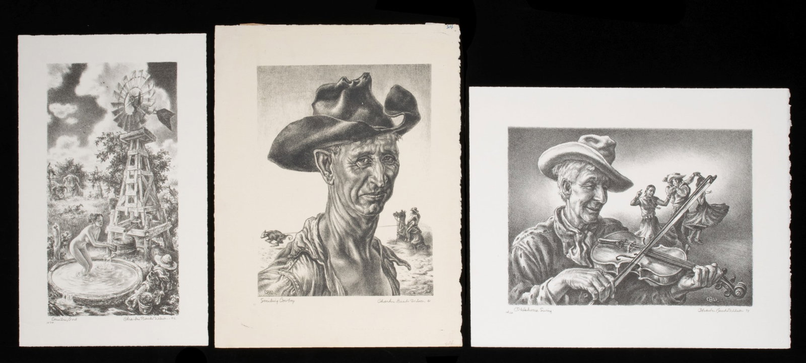 CHARLES BANKS WILSON PENCIL SIGNED LITHOGRAPHS (THREE): Charles Banks Wilson (Oklahoma, 1918-2013) A collection of five unframed pencil signed lithographs in very good condition.1. Country Girl (1992). The lithograph, published in an edition of 300