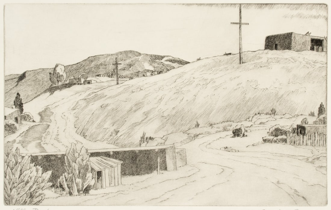 CHARLES CAPPS (1898-1981) PENCIL SIGNED ETCHING: Charles Merrick 'Chili' Capps (Kansas, 1898-1981) Hilly Road 1975 The etching is signed by the artist in pencil below the image lower right and titled lower left. It is listed, but not pictured, in