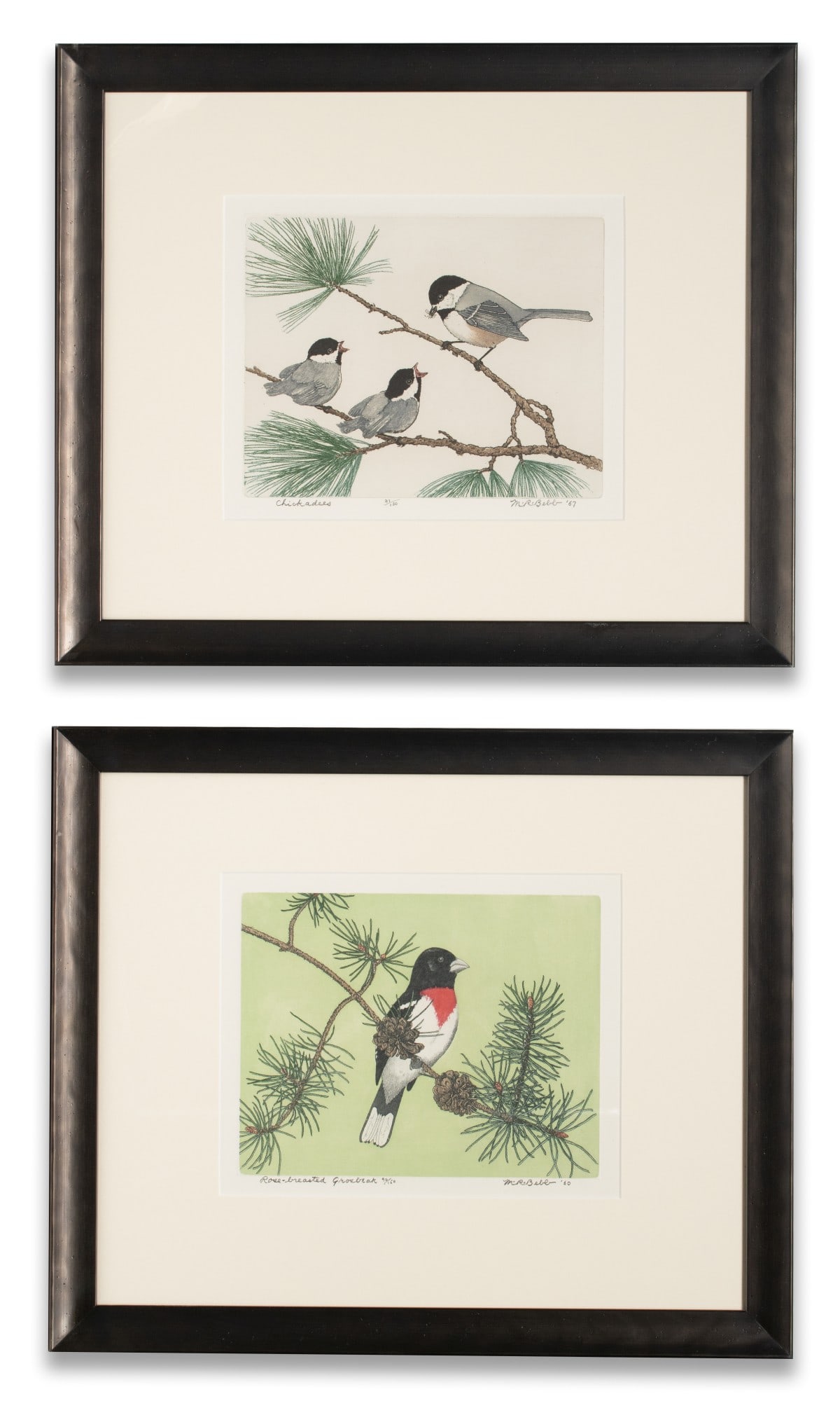 MAURICE BEBB (1891-1986) PENCIL SIGNED COLOR ETCHINGS: Maurice Bebb (1891-1986) 1. Chickadees (1967). The color etching, numbered 81 from an edition of 130 prints, is signed by the artist in pencil below the image lower right and titled lower left. 2.