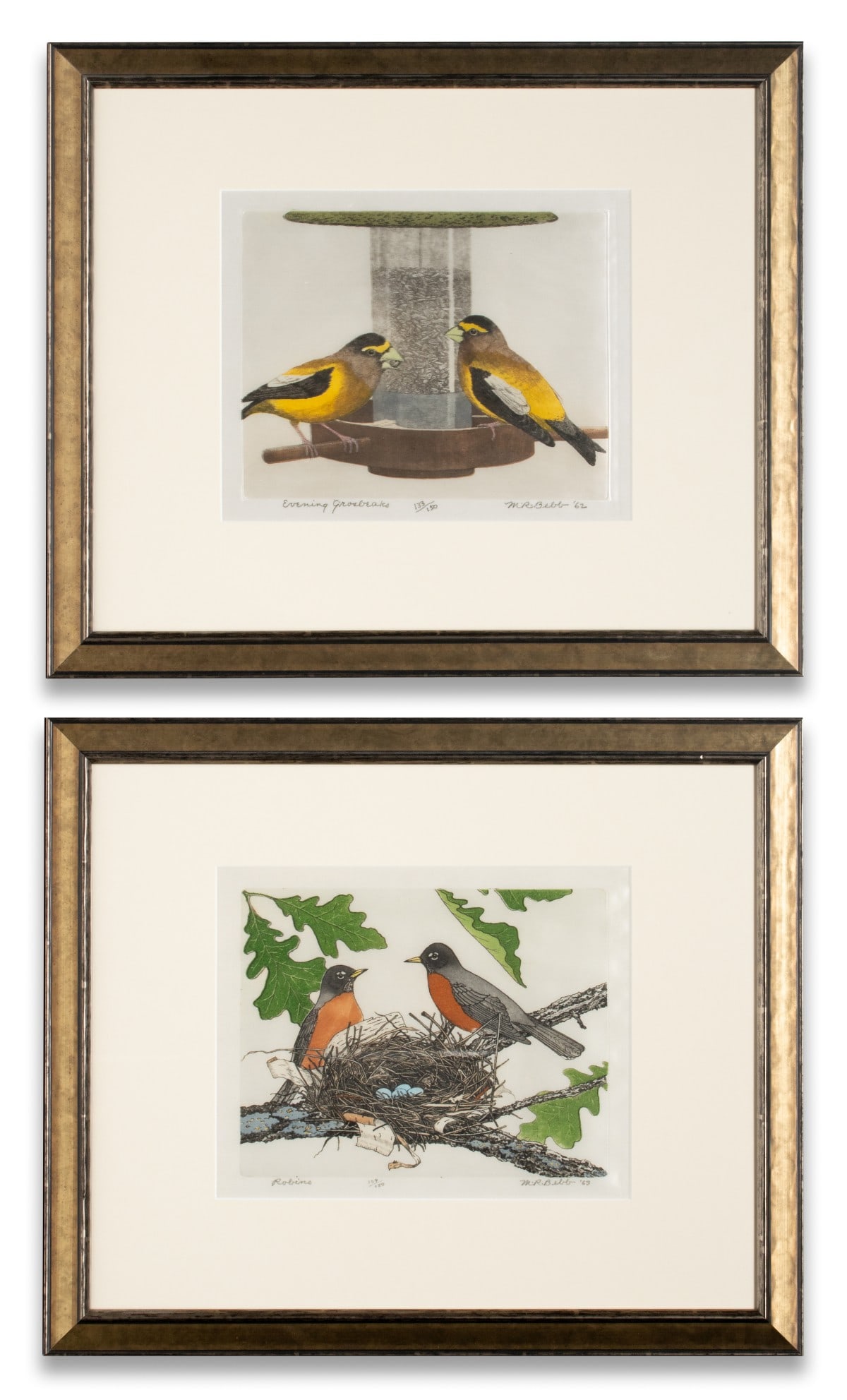 MAURICE BEBB (1891-1986) PENCIL SIGNED COLOR ETCHINGS: Maurice Bebb (1891-1986) 1. Evening Grosbeaks (1962). The color etching on silk, numbered 133 from an edition of 150 prints, is signed by the artist in pencil below the image lower right and titled