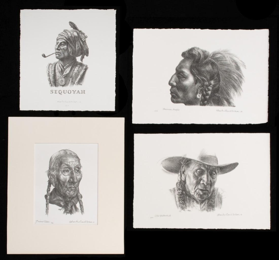 CHARLES BANKS WILSON PENCIL SIGNED LITHOGRAPHS (FOUR): Charles Banks Wilson (Oklahoma, 1918-2013) A collection of five unframed pencil signed lithographs in very good condition.1. Sequoyah (1989). The lithograph, published in an edition of 100 prints, is