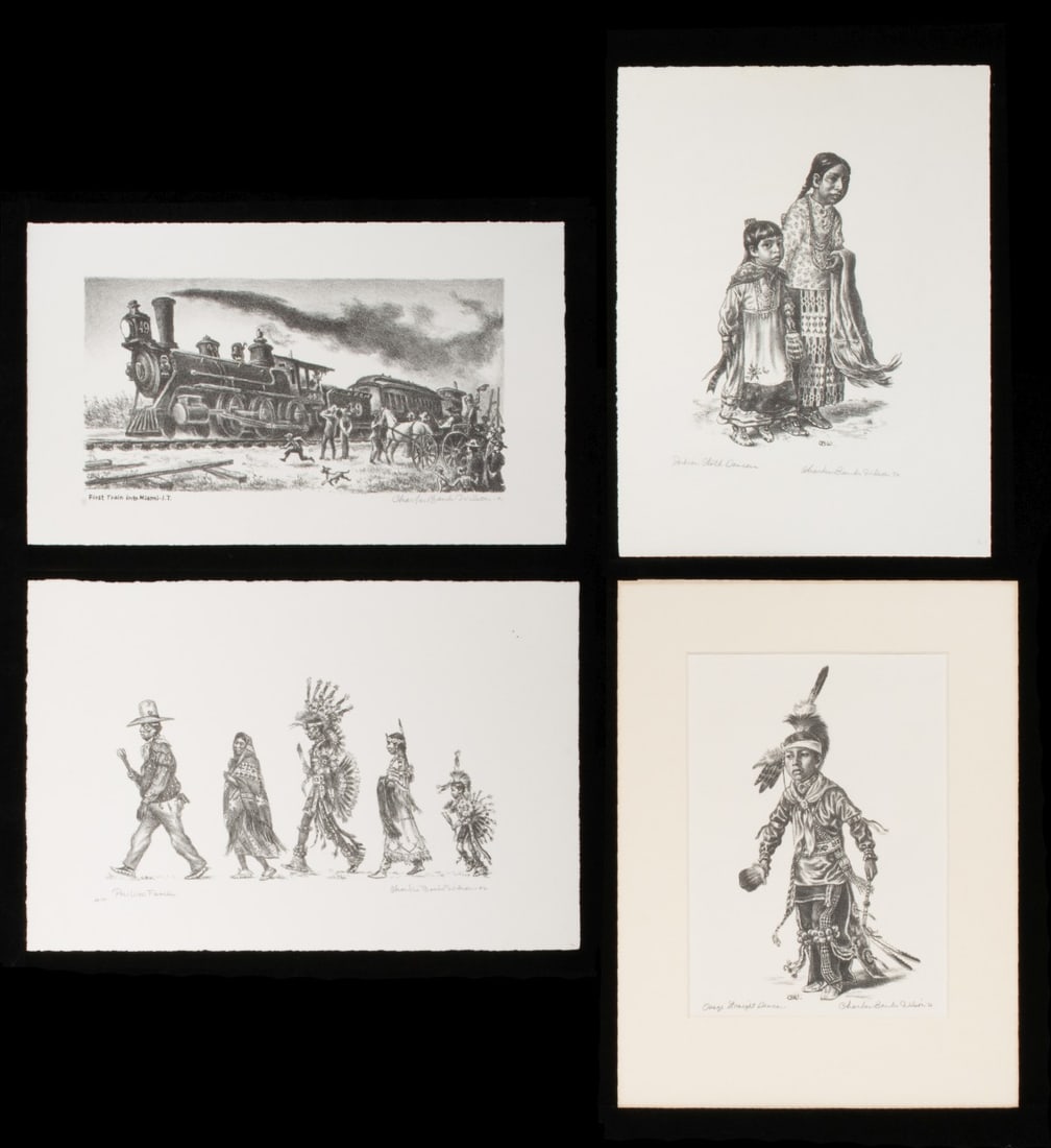 CHARLES BANKS WILSON PENCIL SIGNED LITHOGRAPHS (FOUR): Charles Banks Wilson (Oklahoma, 1918-2013) A collection of five unframed pencil signed lithographs in very good condition. 1. First Train into Miami I.T. (1991). The lithograph, marked as an artist's