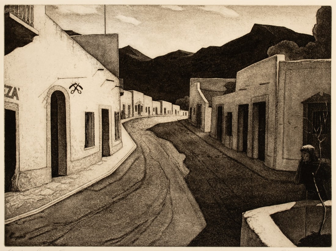 CHARLES CAPPS (1898-1981) PENCIL SIGNED AQUATINT: Charles Merrick 'Chili' Capps (Kansas, 1898-1981) Mexican Barber Shop 1938 The aquatint, produced in an edition of 200 prints, is signed by the artist in pencil below the image lower right and titled