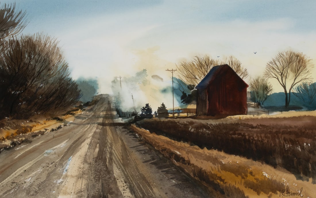 JAMES R. HAMIL (1937-2022) 'LEAF BURNING NEAR LAWRENCE': James R. Hamil (1937-2022) Leaf Burning Near Lawrence Late 20th Century The fall landscape in waning sunlight includes and interesting and unusual depiction of diaphanous smoke hanging in the air