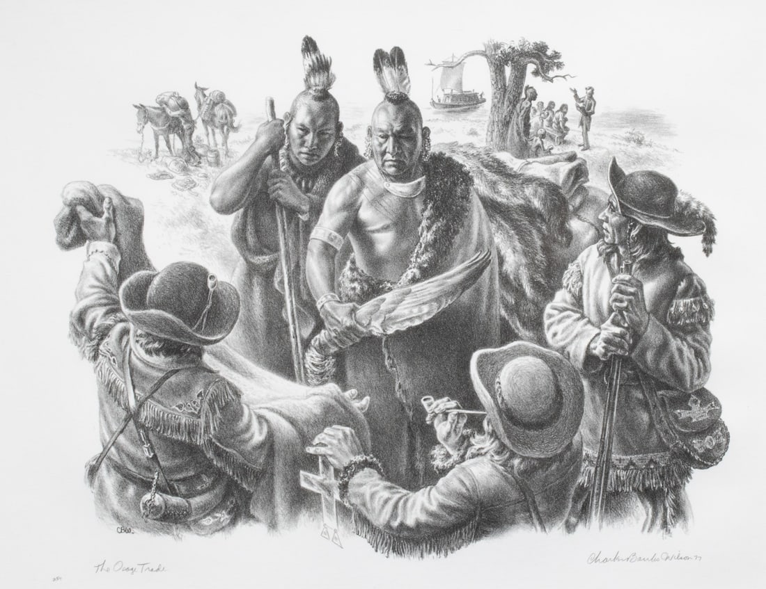CHARLES BANKS WILSON (1918-2013) PENCIL SIGNED LITHO: Charles Banks Wilson (Oklahoma, 1918-2013) The Osage Trade 1977 The lithograph, published in an edition of 250 prints, is signed by the artist in pencil below the image lower right and titled lower le