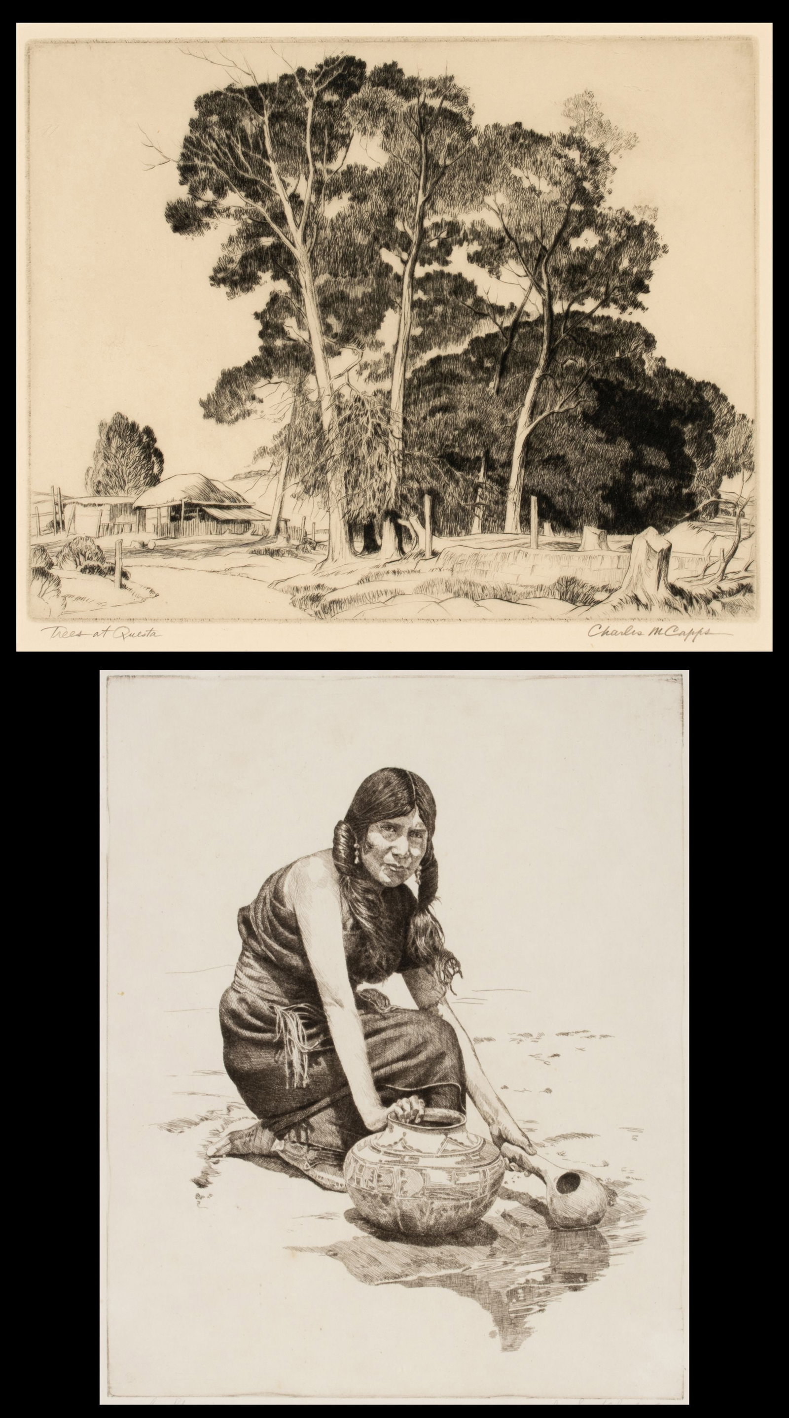 CHARLES CAPPS AND CHARLES SINDELAR PENCIL SIGNED PRINTS: 1. The etching by Charles Merrick 'Chili' Capps (Kansas, 1898-1981) titled Trees at Questa from 1953 was published in an edition of 75 prints signed by the artist in pencil below the image lower