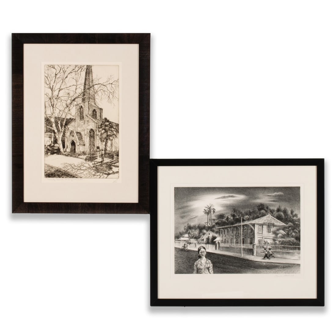 PENCIL SIGNED PRINTS BY AARON BOHROD AND W.R. LOCKE: Two fine prints in museum quality mounts and sharp black frames. 1. Street in Noumea. C. 1947, Aaron Bohrod(1907-1992). Image measures 9 x 13 and frame is 15.5 x 18.25 inches. 2. Trinity Church, St.