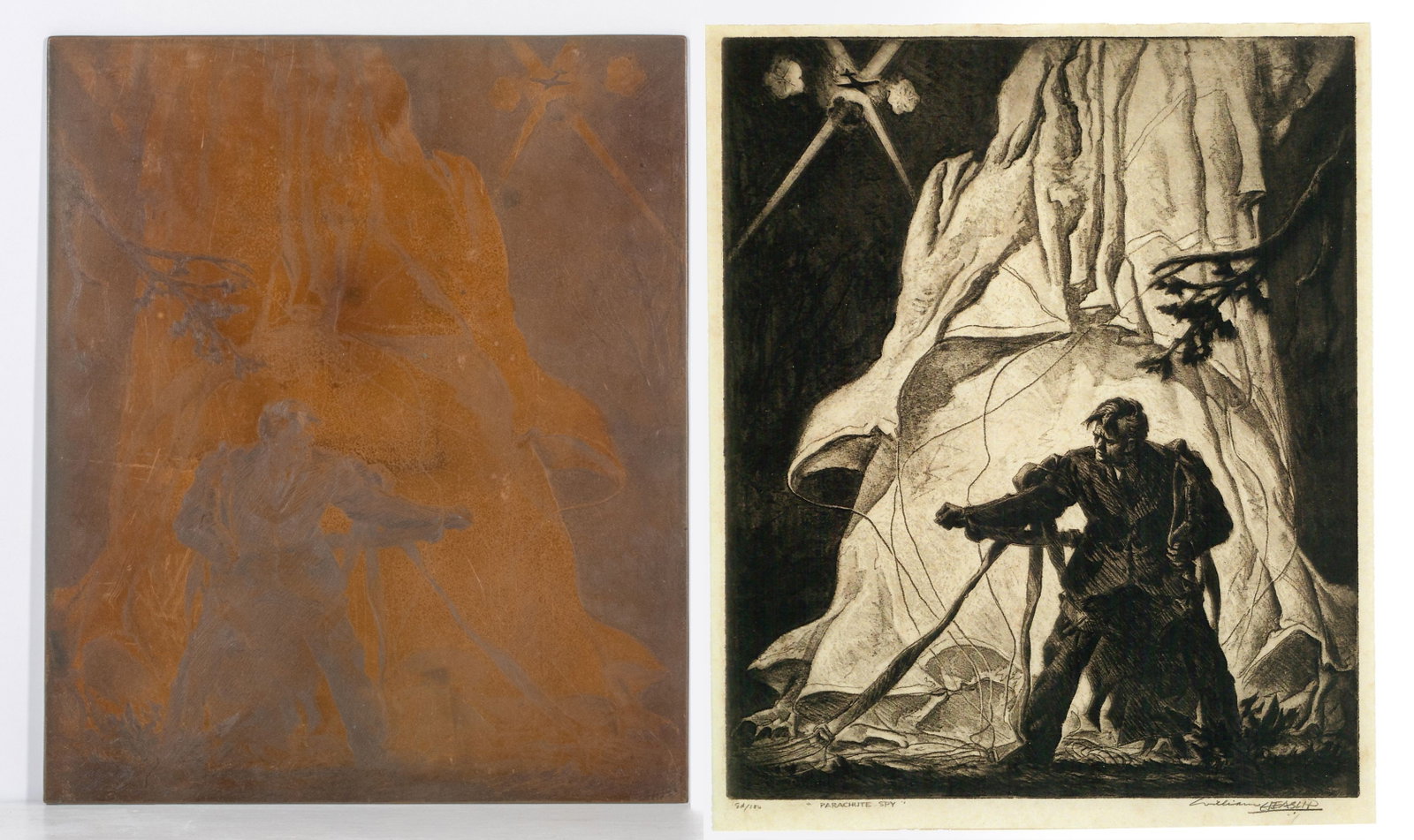 WILLIAM HEASLIP (B. 1897) ETCHED COPPER PRINTING PLATE: William Heaslip (Canada / United States, 1897-1970) Parachute Spy Circa 1940 The artist's original copper printing plate for the etching 'Parachute Spy.' The print Parachute Spy from around 1940 is fe