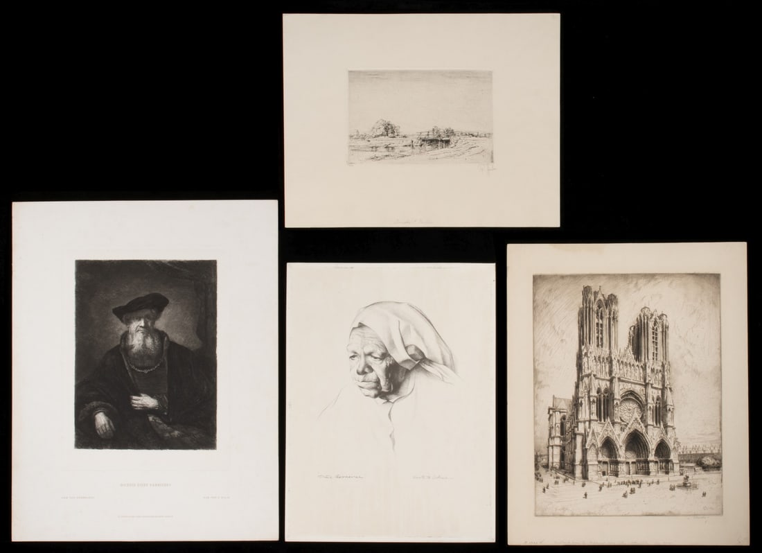 A COLLECTION OF EARLY 20TH C. ARTIST SIGNED PRINTS (4): 1. Peter von Halm (German, 1854-1923) Brücke Dachau. The etching published in an edition of 204 prints is signed by the artist in pencil lower right and titled in the outer center margin. Plate size 