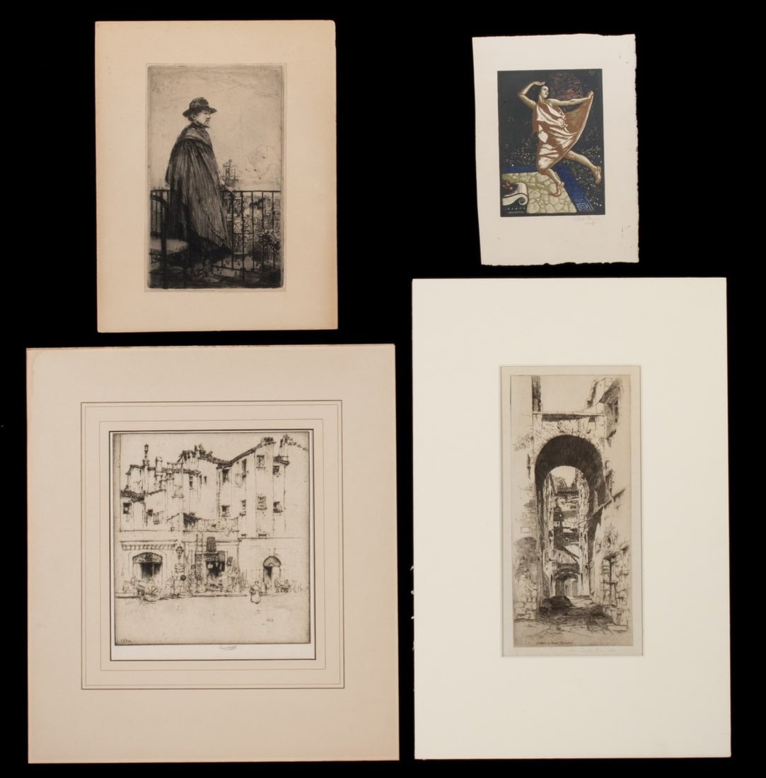 A COLLECTION OF EARLY 20TH C. PENCIL SIGNED PRINTS (4): 1. Arthur Allen Lewis (1873-1957) Spring (Circa 1927). The color woodcut bookplate signed by the artist in pencil lower right. Block size 5.125 x 3.75, sheet measures 8 x 5.75 inches. 2. Arthur Allen