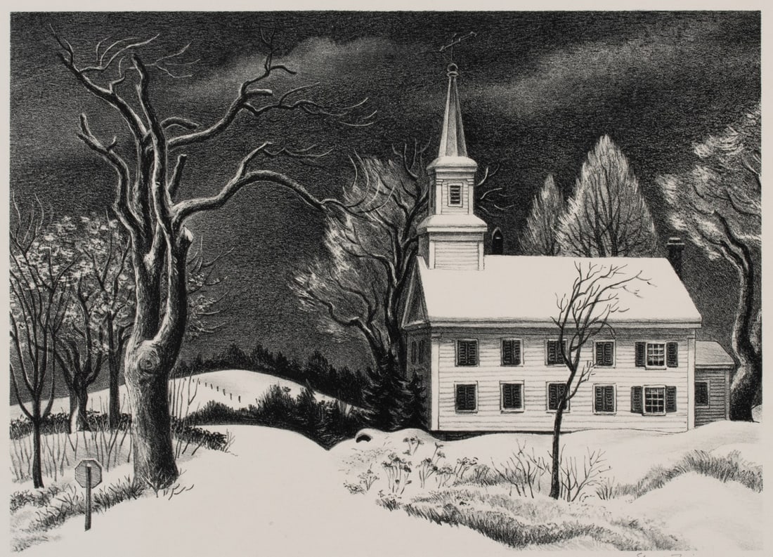 ERNEST FIENE (1894-1965) PENCIL SIGNED LITHOGRAPH: Ernest Fiene (1894-1965) New Snow 1946 The lithograph from an edition of 250 prints published by Associated American Artists is signed by the artist in pencil below the image lower right. The image