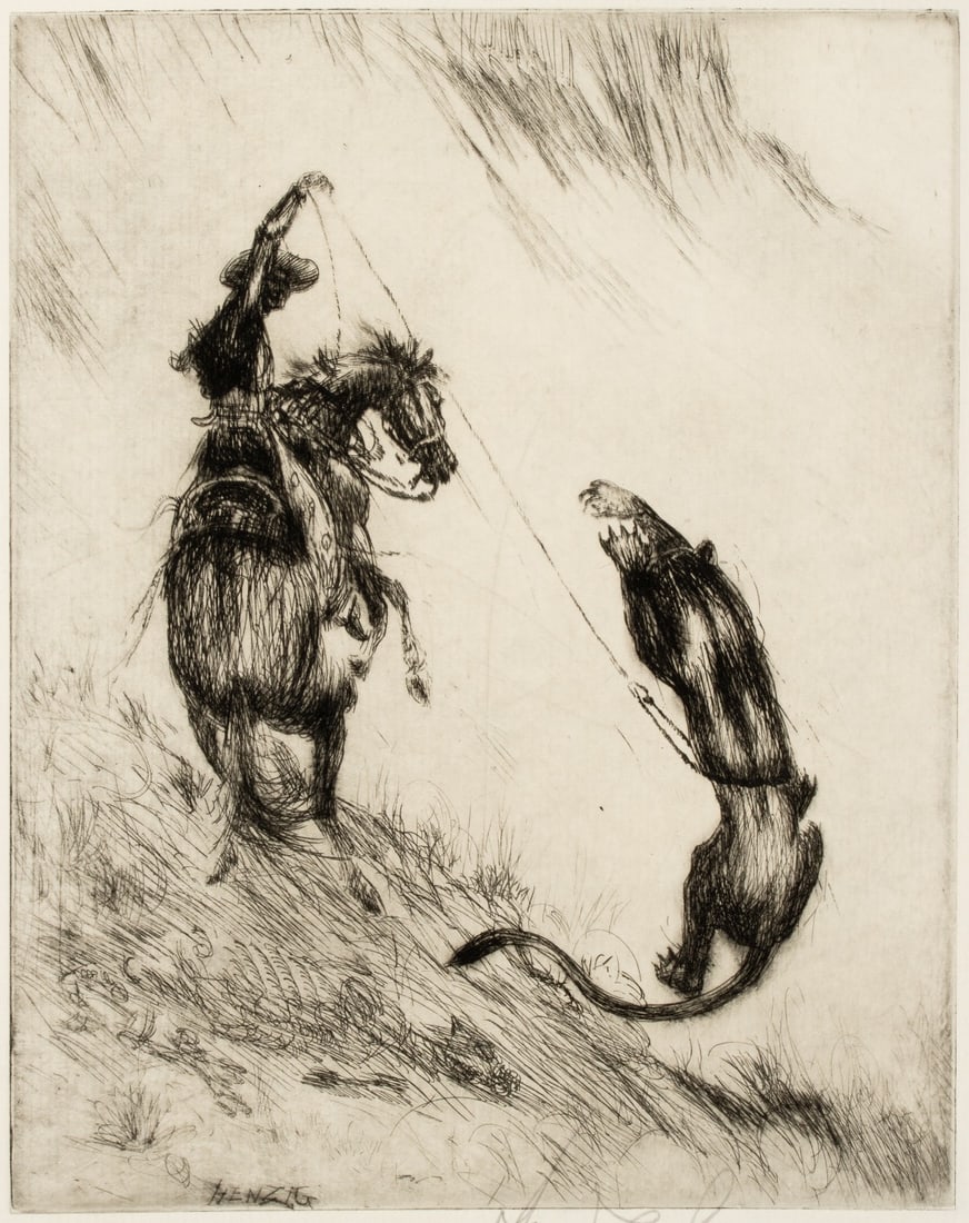 HENRY ZIEGLER (1889-1968) PENCIL SIGNED DRYPOINT: Henry (Harry) Ziegler (1889-1968) Loopfull of Trouble Circa 1930 The drypoint is signed by the artist in pencil below the image lower right and titled lower left. Plate measures 8.75 x 6.75, sheet is