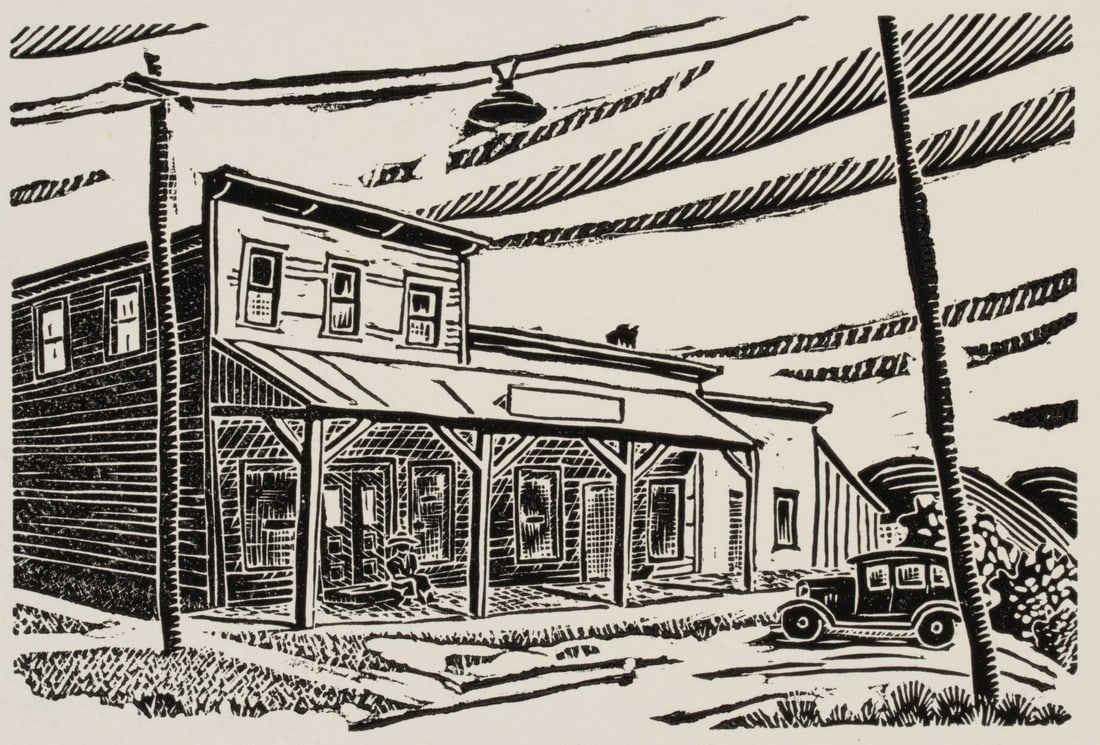 JOHN F. HELM JR. (1900-1972) GIFT PRINT LINOCUT: John Frederick Helm Jr. (Kansas, 1900-1972) General Store 1937 The gift print linocut for the Kansas Magazine Contributors Dinner, printed inscription lower left, 'Hand Made' watermark in the sheet