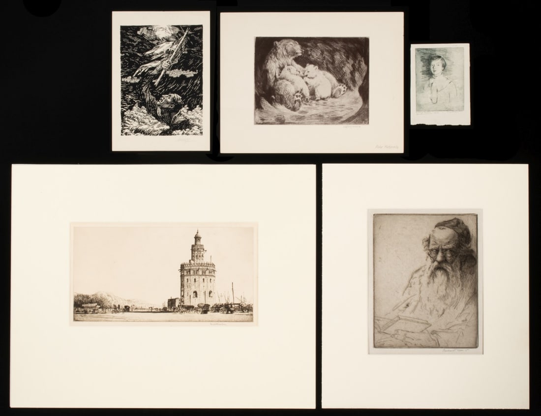 A COLLECTION OF PENCIL SIGNED PRINTS CIRCA 1920: 1. Will (William) Simmons (1884-1949) Polar Maternity (1925). The etching is signed by the artist in pencil lower right, titled in the outer right margin. Plate size 6 x 7.5, sheet measures 9.25 x 12.