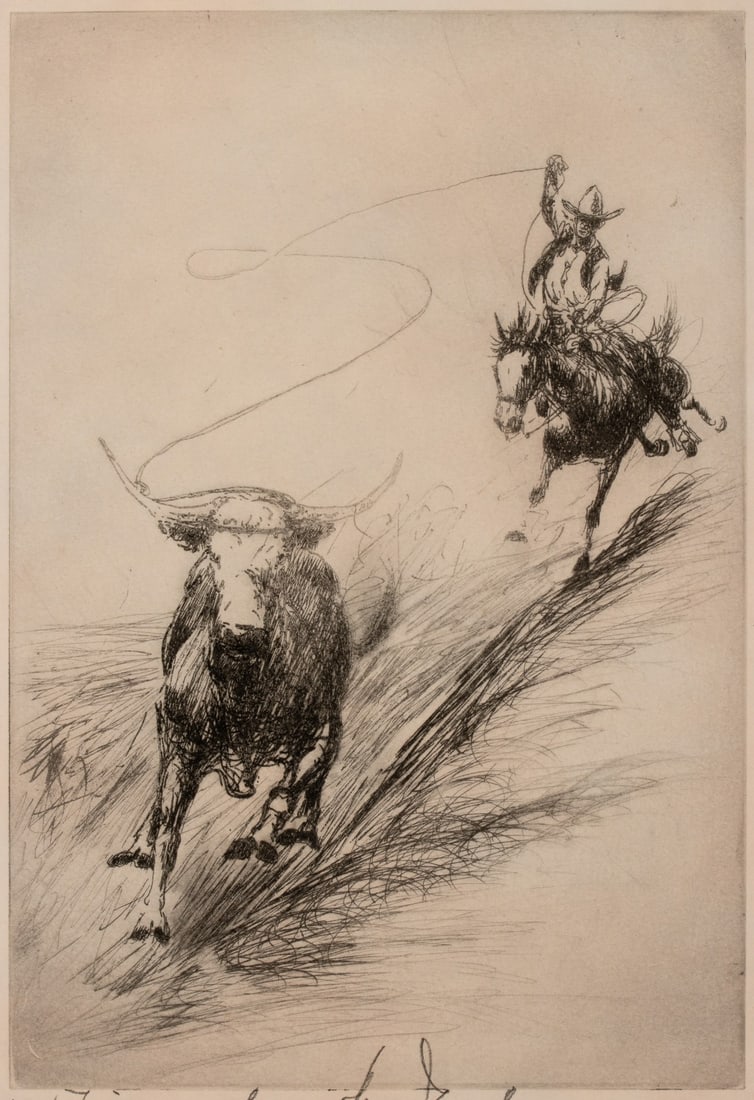 HENRY ZIEGLER (1889-1968) PENCIL SIGNED ETCHING: Henry (Harry) Ziegler (1889-1968) Roping a Steer Circa 1929 The etching with drypoint is signed and inscribed by the artist in pencil below the image. Image measures 8.75 x 6, sheet is 12.75 x 9.5 inc