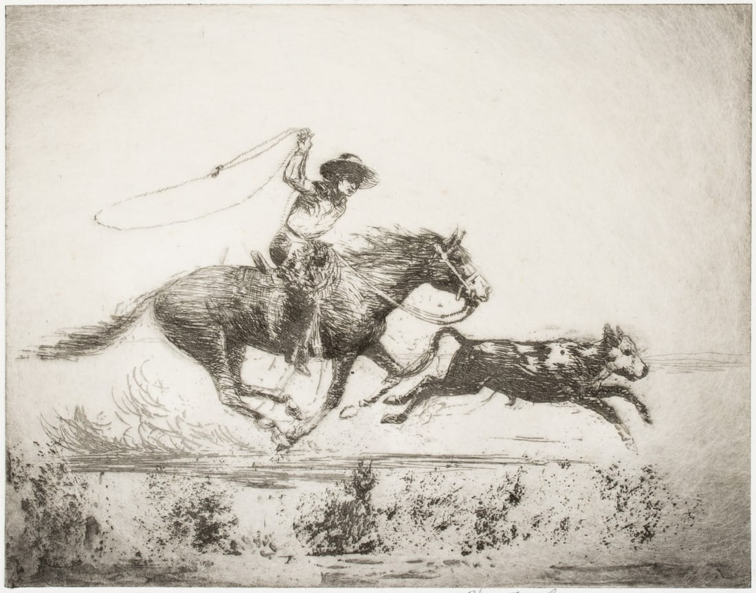 HENRY ZIEGLER (1889-1968) PENCIL SIGNED ETCHING: Henry (Harry) Ziegler (1889-1968) The Maverick The lithograph is signed by the artist in pencil below the image lower right and titled in the lower right margin. Unframed. Image measures 6.75 x 9, she