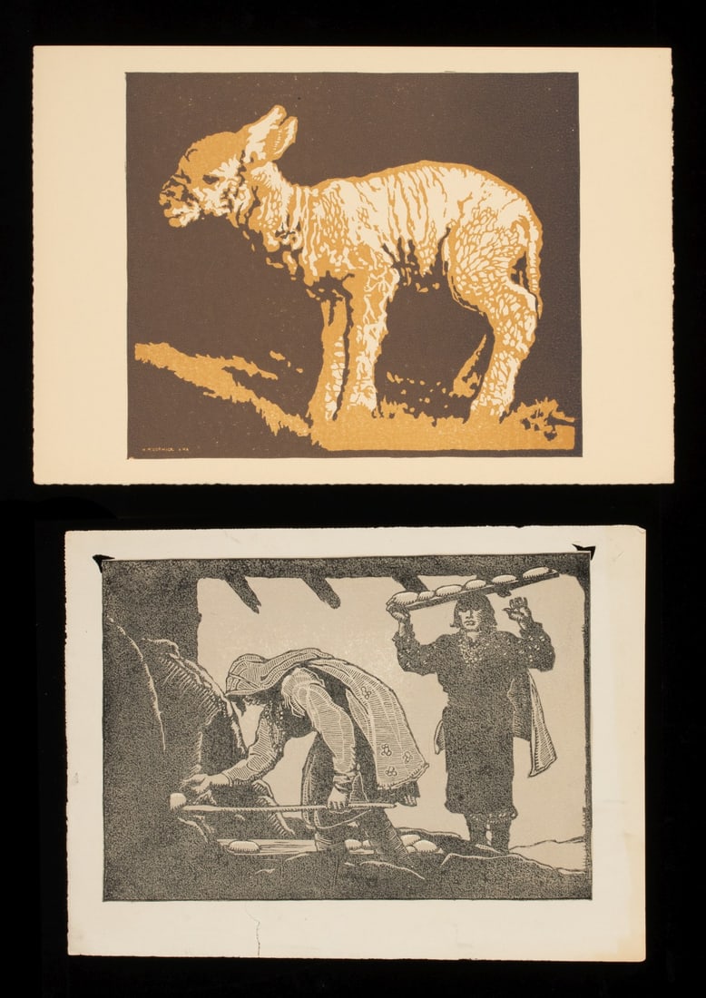 HOWARD McCORMICK (1875-1943) WOODBLOCK PRINTS (2): Howard McCormick (1875-1943) Two unframed prints. 1. The color woodblock print of a lamb with carved signature 'H. McCormick' in the block lower left. 2. An unsigned woodblock print depicting Native