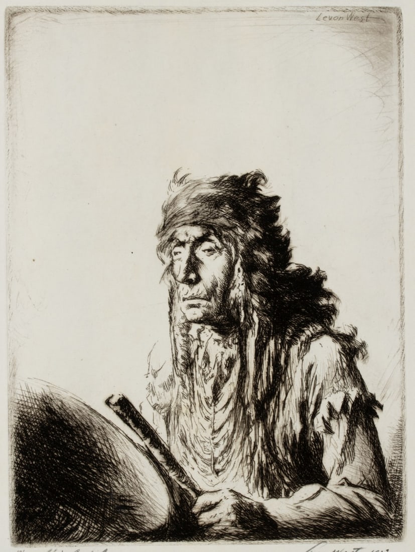 LEVON WEST (1900-1968) PENCIL SIGNED ETCHING: Levon West (1900-1968) Chief Eagle Calf 1927 The etching, numbered 13 from an edition of 100 prints, is signed and dated by the artist in pencil below the image lower right and titled lower left, inci