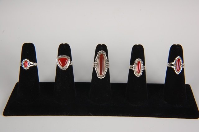 FIVE STERLING & CARNELIAN RINGS BY BELL, SZ 6.5: Sterling silver rings with carnelian cabochons, all signed Bell and marked sterling. Ring size 6.5. Designs measure from .5 to 1.375 inches.