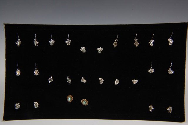 NINETEEN ABALONE & STERLING EARRINGS & PENDANTS: Two velvet dealer's cards with sterling silver with small abalone cabochons, pendants include a silver necklace chain, post and wire earrings. Unmarked. Measures .325 to 6.25 inches.