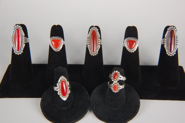 EIGHT STERLING & CARNELIAN RINGS BY BELL, SZ 5: Sterling silver rings with carnelian cabochons, all are signed Bell and marked sterling. Ring size 5. Designs measure from .325 to 1.25 inches.