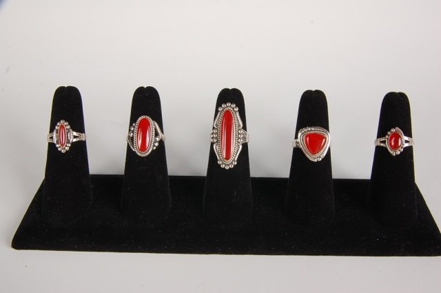 FIVE STERLING & CARNELIAN RINGS BY BELL, SZ 7: Sterling silver rings with carnelian cabochons, all signed with the Bell Trading Post logo and marked sterling. Ring size 7.