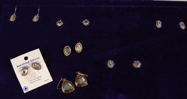 SEVEN ABALONE EARRING PAIRS BY BELL TRADING POST: Abalone earring pairs on posts or wires, in sterling or gold filled settings. Measure .325 to .75 inches.