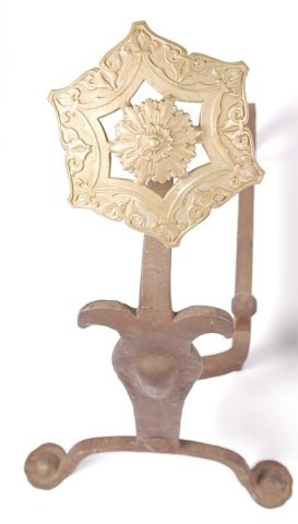 CIRCA 1900 PAIR WROUGHT IRON ANDIRONS WITH BRASS: Measures 28 x 13 x 23 inches.