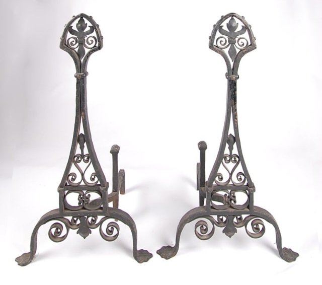 CIRCA 1900 WROUGHT IRON ANDIRON PAIR: Measure 30.25 x 17.5 x 12.5 inches