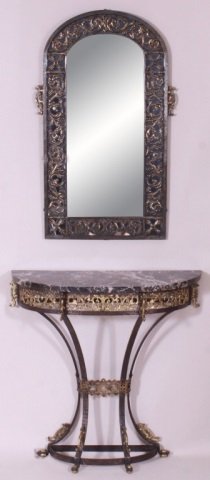 CAST IRON ART DECO MARBLE TOP CONSOLE W/ MIRROR: Console measures 30.5 x 30 x 10 inches. Mirror measures 35.5 x 21.75 inches.