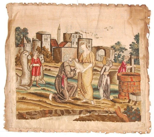 17 / 18TH C. WOOL NEEDLE WORK: 17th / 18th C wool needle work 'Rebecca at the well' measures 20 x 22.5 inches