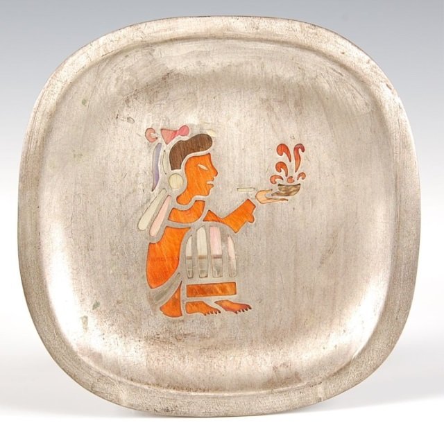LOS CASTILLO PLUMA AZTECA TAXCO TRAY: Feather backed designs on a tray that measures 5.75 x 5.75 inches. Signed on the reverse.