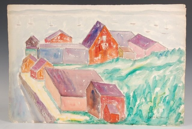 ABRAHAM WALKOWITZ (1878 - 1965) WATERCOLOR ON PAPER: Watercolor on paper, titled 'Bay Side' circa 1916, signed lower right, measurements of 14.75 x 22 inches