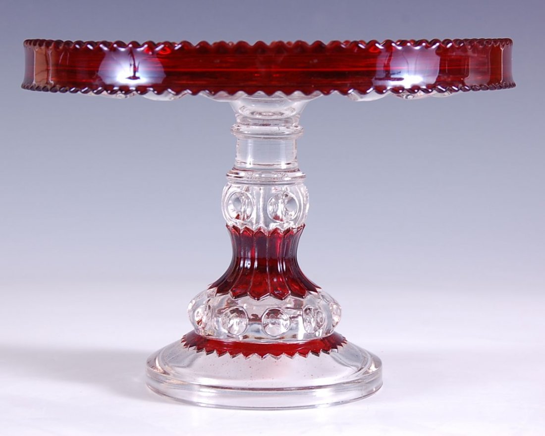 KING'S CROWN RUBY STAIN CAKE STAND: Measures 7 x 9.25 inches.