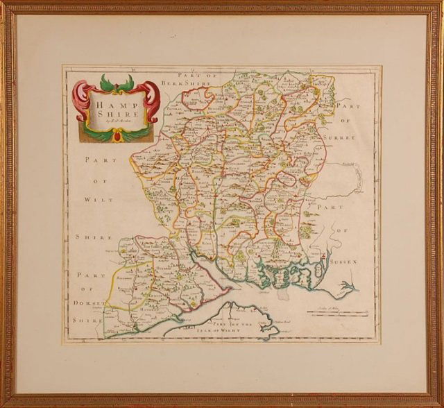 HAMPSHIRE MAP: ROBERT MORDEN (1650 - 1705) hand colored engraved map, sight measures 14.50 x 16.75 inches through the mat with an overall framed size of 21.50 x 23.25 inches