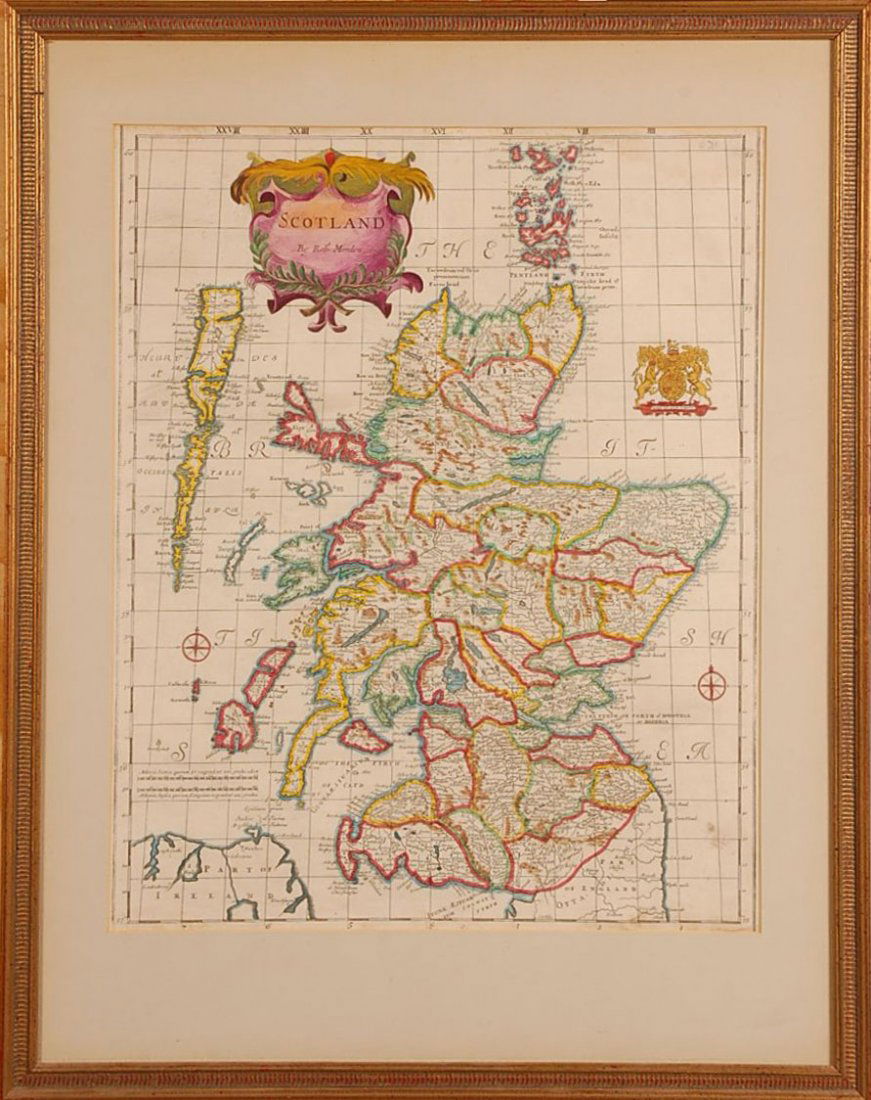 SCOTLAND MAP: ROBERT MORDEN (1650 - 1705) hand colored engraved map, sight measures 17 x 14 inches through the mat with an overall framed size of 23.25 x 18.75 inches