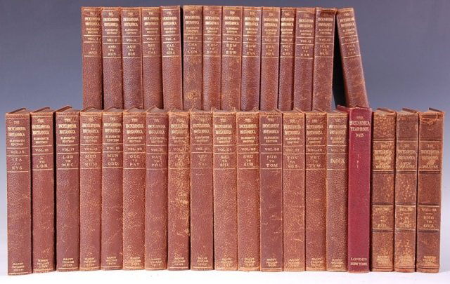 COMPLETE SET OF ENCYCLOPEDIA BRITANNICA, 11th EDITION,: Includes the complete set of the 11th edition, 29 volumes; plus three 'New Volumes' from the 12th edition - 30, 31, 32, and a copy of 'The Britannica Yearbook 1913.' All show toning and wear commensur