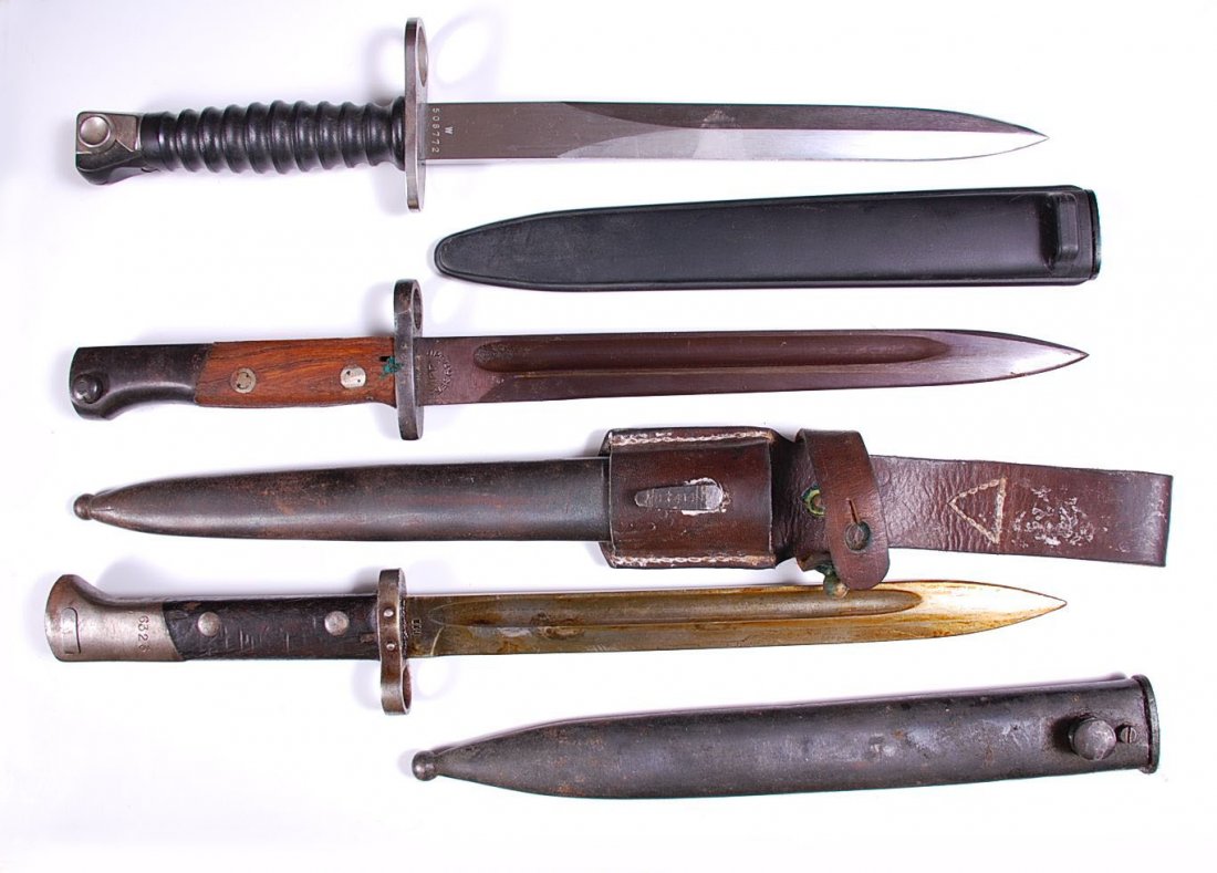 THREE EUROPEAN BAYONETS - YUGOSLAVIAN, CZECH, SWISS: Includes a Yugoslavian M-1924 Mauser bayonet with scabbard and frog, matching numbers, anodized finish, good condition. Also a Czech VZ-24 bayonet with scabbard, no frog, some wear, but average condit