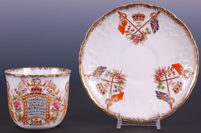 QUEEN VICTORIA 60 YEAR COMMEMORATIVE CUP & SAUCER: Cup measures 2.75 x 4 inches and saucer measures 5.5 inches.
