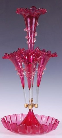 VICTORIAN CRANBERRY FIVE LILLY EPERGNE: Overall measurements are approximately 22.25 x 12 inches