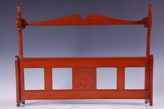 19TH C. CARVED CHERRY WALL POCKET, "FORGET ME NOT": Measures 17.5 x 22.5 inches.