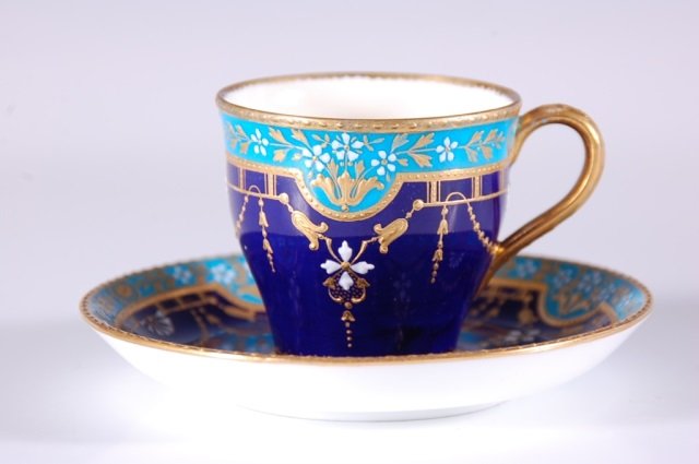 MINTON DEMITASSE CUP AND SAUCER FOR TIFFANY & COMPANY: Cup measures 2 x 3 inches and saucer measures 4.25 inches.