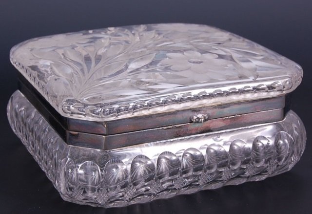 CA. 1900 LARGE SQUARE CUT GLASS DRESSER BOX: With silver plated mounts, measures 3.25 x 6.75 inches.