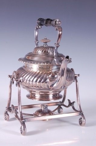 LATE VICTORIAN ENGLISH SILVER PLATED TIPPING TEA KETTLE: Measures 11 x 9 x 7.25 inches.