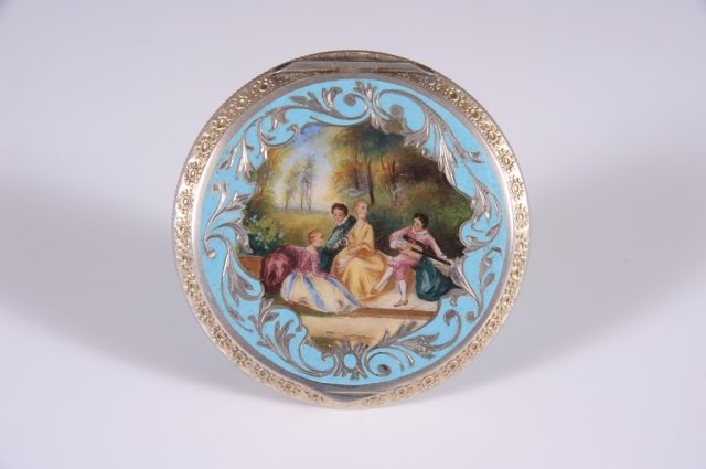 AUSTRIAN STERLING COMPACT W HAND PAINTED ENAMEL: Chased sterling top with a hand painted enameled scene, guilloche base, mirrored lid, rotary sifter in the base is missing, marked under the powder well, Austrian, measures 2.5 inches.
