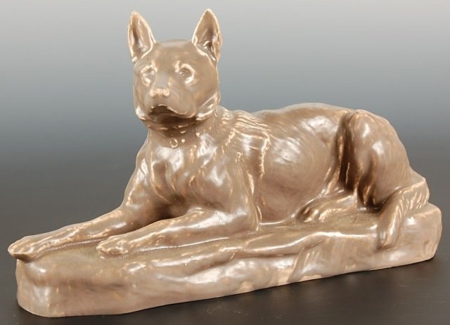 MOSAIC TILE ART POTTERY FIGURE OF A GERMAN SHEPHERD: Measures 6.25 x 10.25 inches.