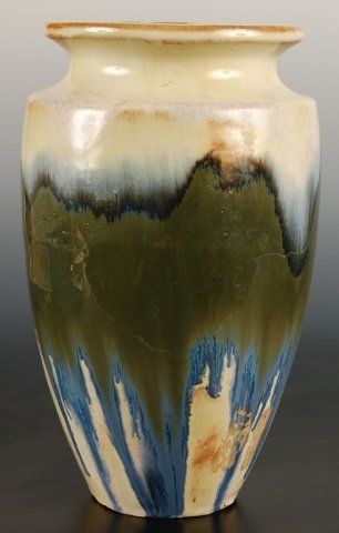FULPER MULTI-COLOR DRIP GLAZE 10" ART POTTERY VASE: With vertical inkstamp mark, measures 10 x 6 inches.