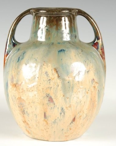 FULPER ART POTTERY TWO HANDLED VASE: Measures 7.5 inches high, scratched Fulper mark, drilled as a lamp base.