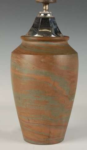 NILOAK MISSION WARE VASE AS TABLE LAMP: Niloak art pottery vase crudely converted to a table lamp and filled with material for weight. Pottery portion measures 8.25 x 5 inches.