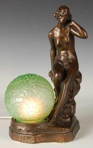 ART DECO NOVELTY LAMP WITH NUDE, CIRCA 1930'S: A plaster figural lamp with bronze colored finish. Marked 'Echo Venus.' Measures approximately 13.5 x 8 inches.